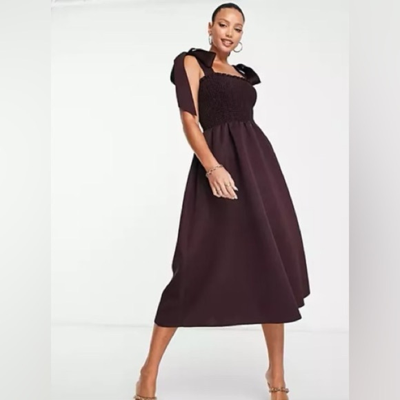 ASOS DESIGN Dresses & Skirts - NWT ASOS SHIRRED BUNNY TIE DRESS AUBERGINE. FEMININE, ELEGANT, VERSATILE. Sz. 16
